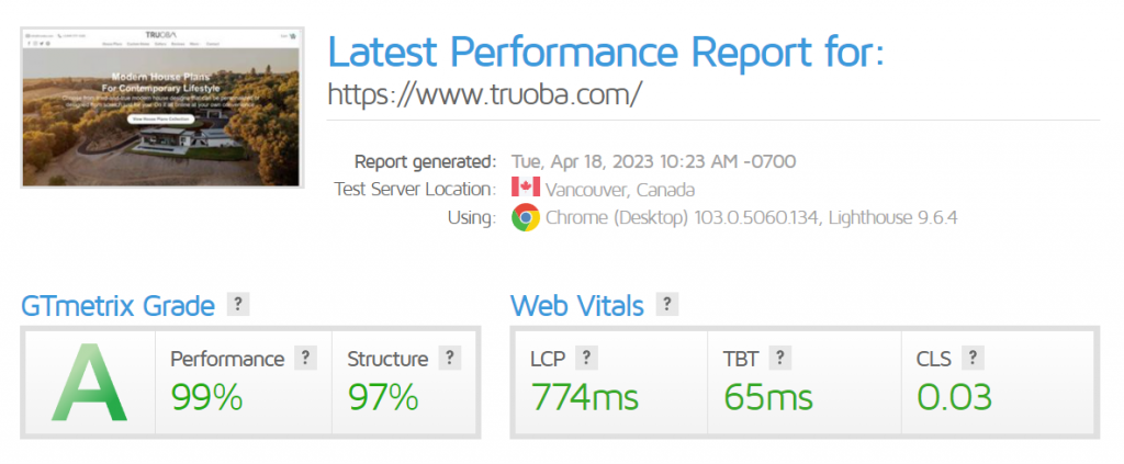 GTmetrix's speed test results for Truoba, one of Hostinger's clients