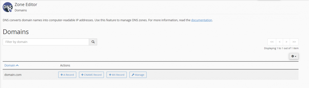 The Domains screen on cPanel's DNS Zone Editor
