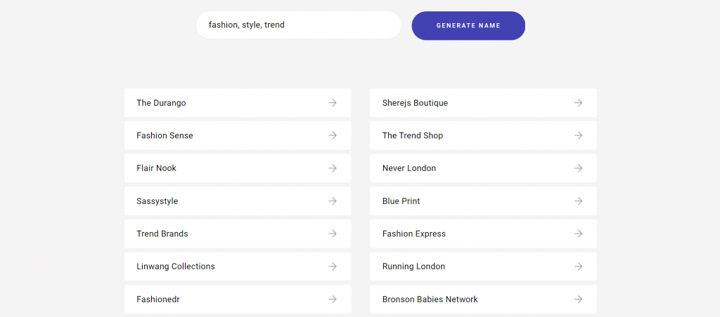 Zyro's generated blog names with the keywords fashion, style, and trend
