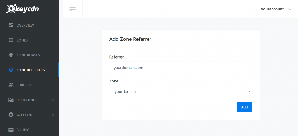 Select the zone on KeyCDN