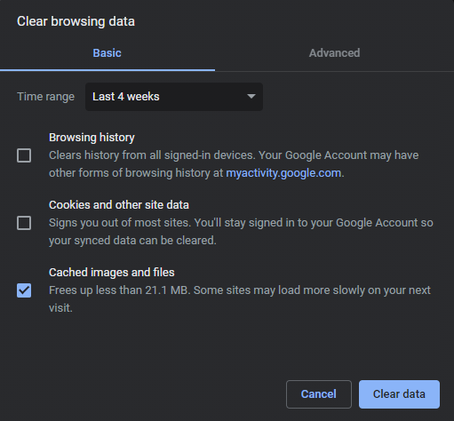 The Clear browsing data settings in Google Chrome, showing where to select Clear cached images and files