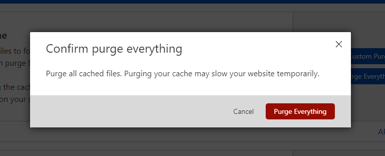 The Purge Everything confirmation popup on Cloudflare's dashboard