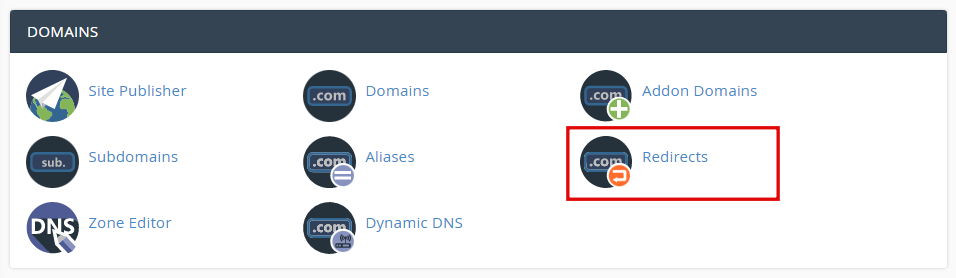 cPanel, highlighting the Redirects option