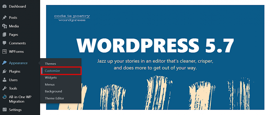 WordPress dashboard, highlighting Appearance > Customize