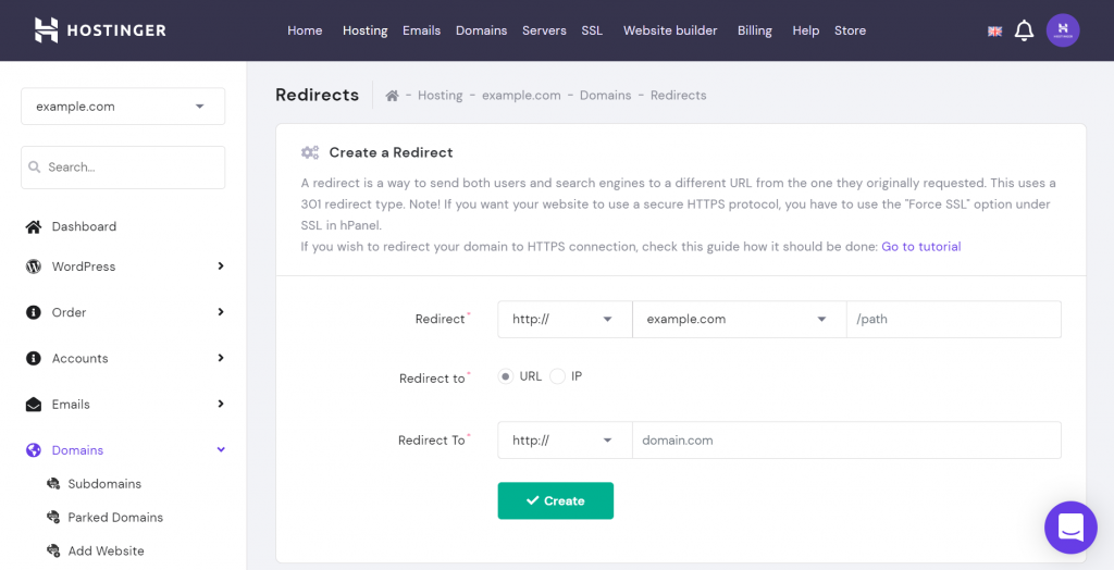 Creating a redirect on hPanel