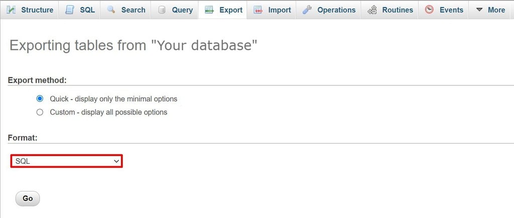 Choose Quick export and SQL format