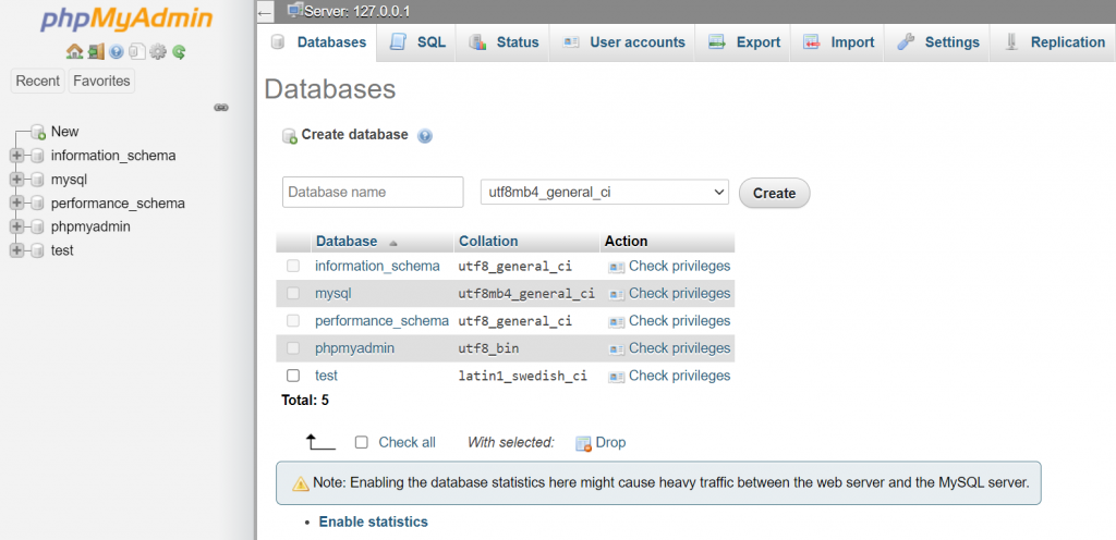 phpMyAdmin databases section