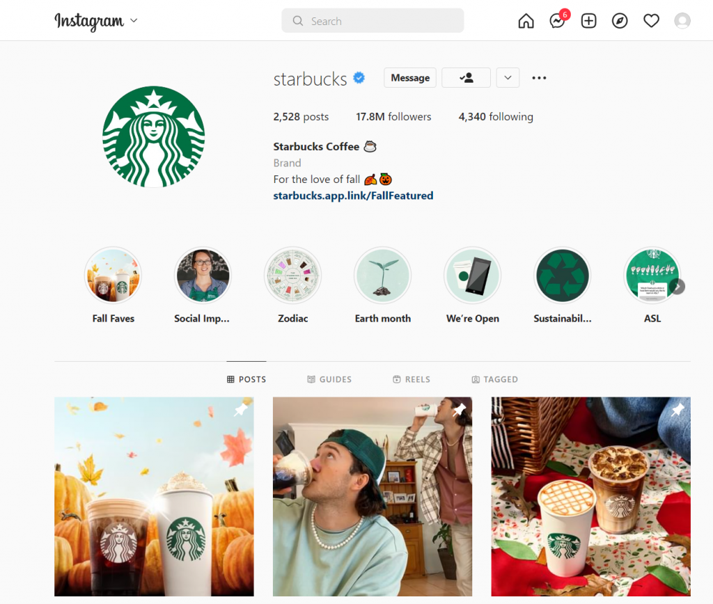Starbucks' Instagram profile page
