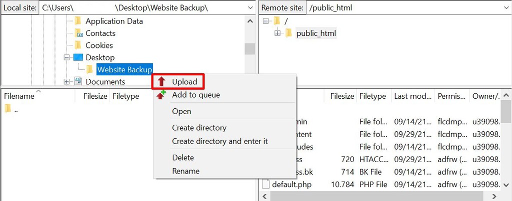 Upload Website Backup files via FileZilla