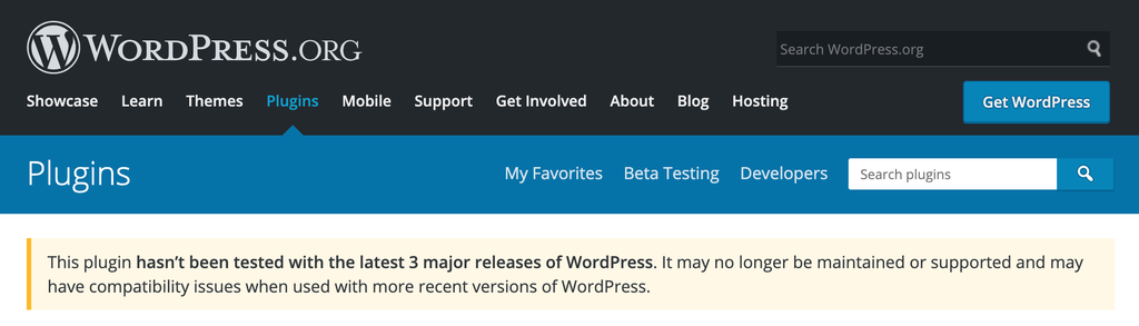 Outdated WordPress plugin message.