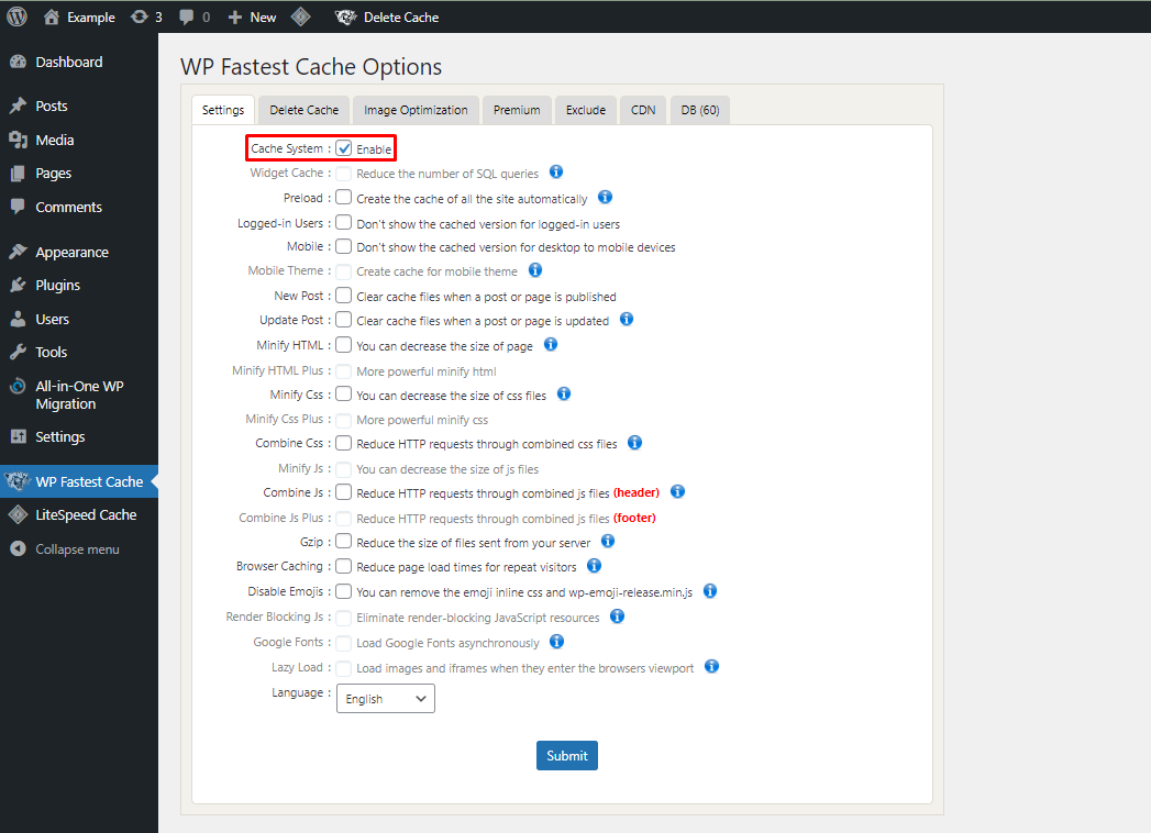 The WP Fastest Cache Options page in the WordPress dashboard, showing where to click Enable for the cache system