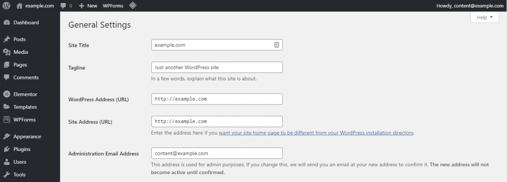 General settings on the WordPress dashboard.