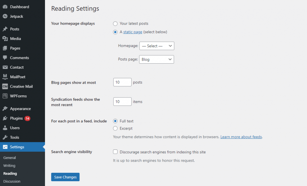 Editing WordPress reading settings