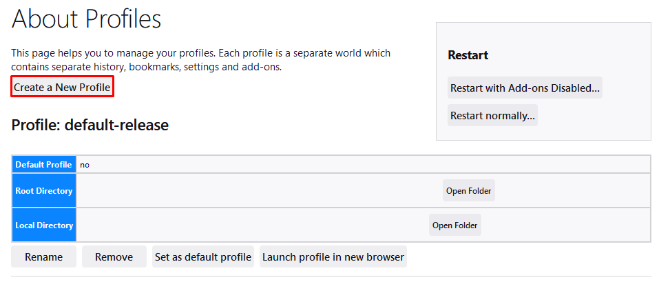 Create a new profile on Firefox