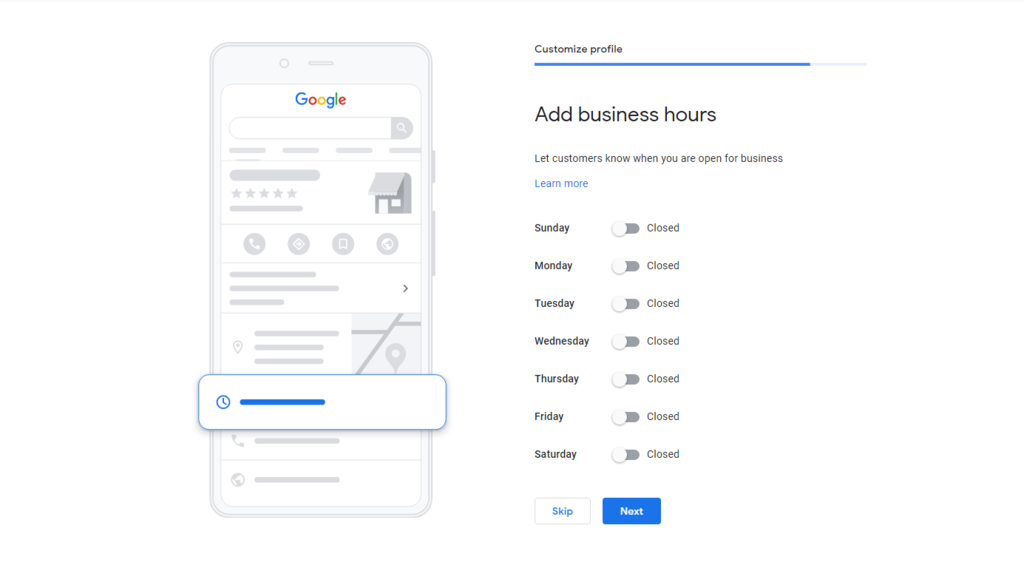 Google My Business add business hours
