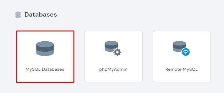 The MySQL Databases button in the Databases section of Hostinger hPanel's Hosting Account page
