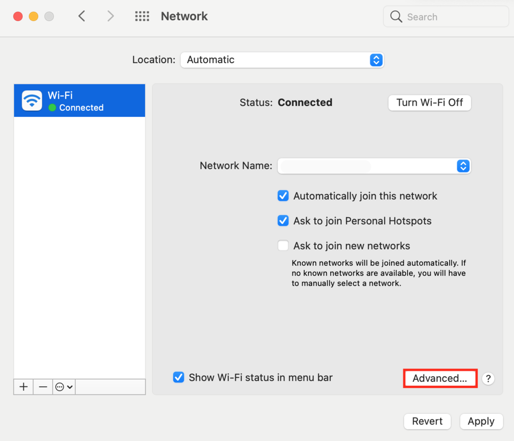 Wi-Fi advanced settings on MacOS