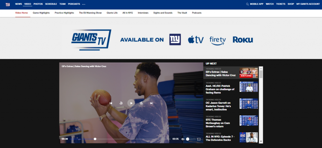 The Video page of the New York Giants official website