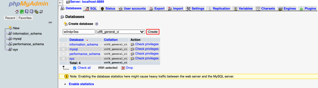 The "Create" button in phpMyAdmin's Databases tab