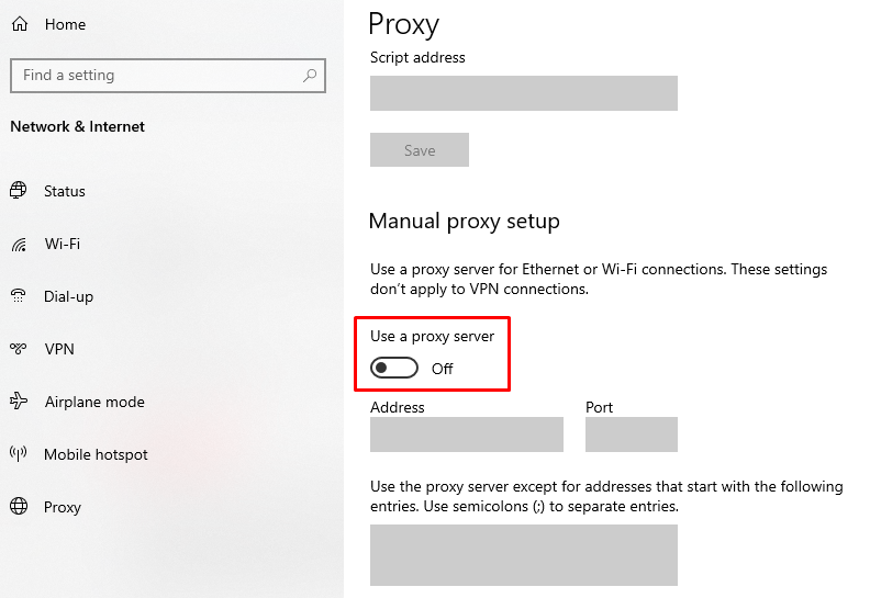Proxy server setting on Windows