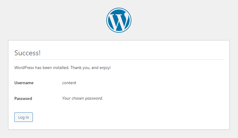 The Success page of the WordPress installation process