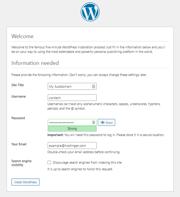 The Welcome page of the WordPress installation process