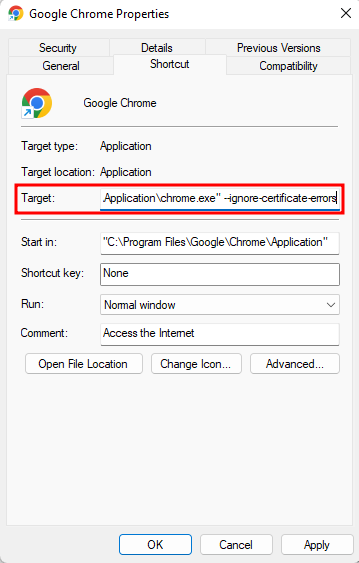 Google Chrome properties change target section