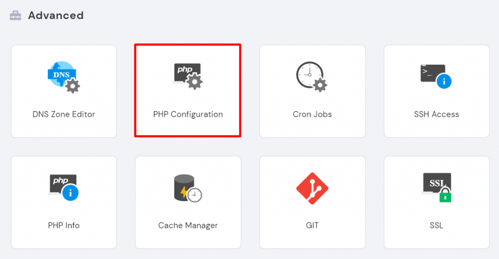 The PHP Configuration button on the hPanel