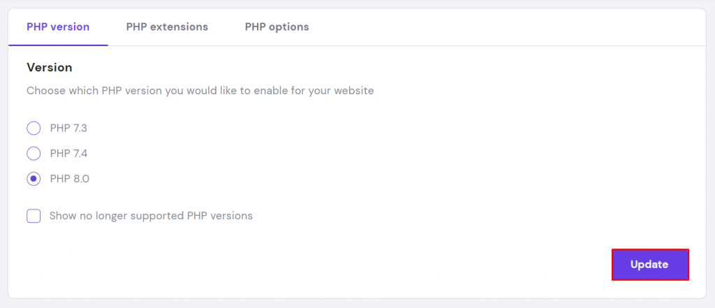 The PHP version option