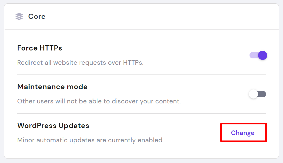 The change button for WordPress Updates in hPanel
