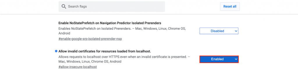Screenshot showing how to ignore SSL certificate entirely on Chrome