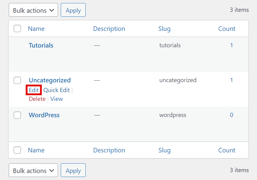 Edit category button in WordPress