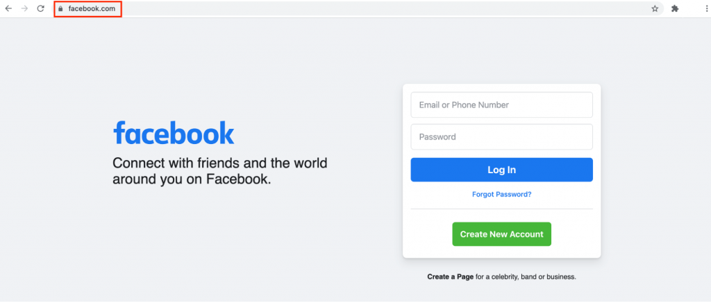 Facebook's homepage, highlighting its domain: facebook.com