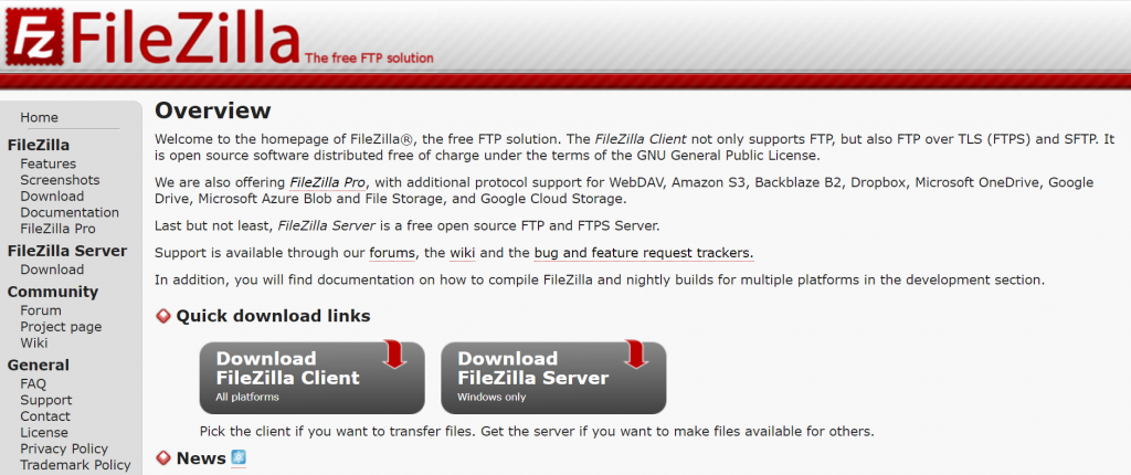 Screenshot of FileZilla FTP client's homepage