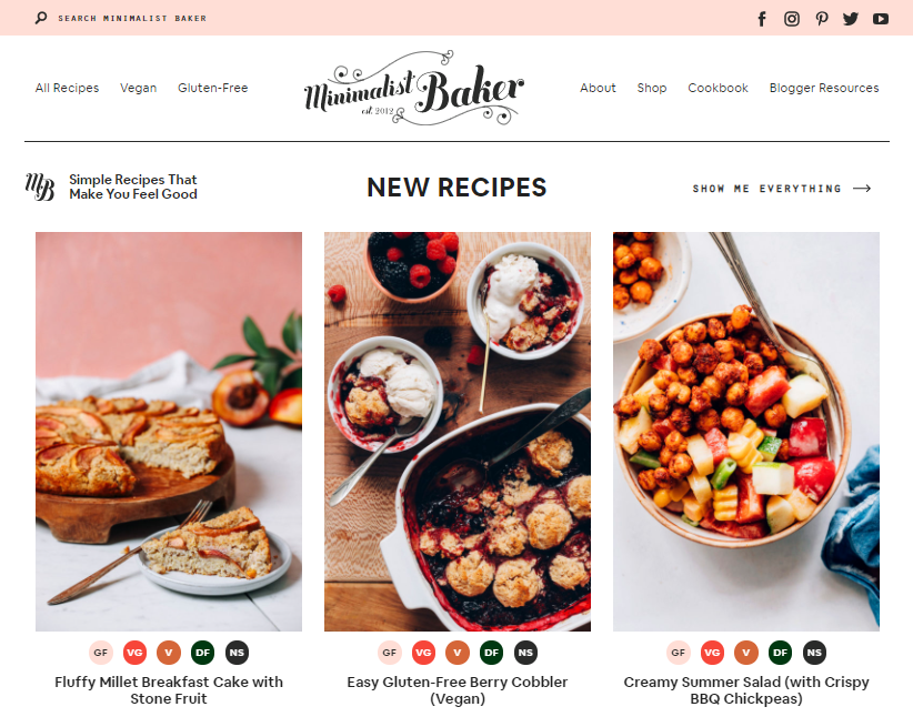 The Minimalist Baker website homepage.