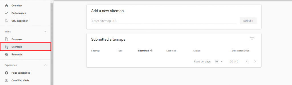 Sitemaps menu on Google Search Console
