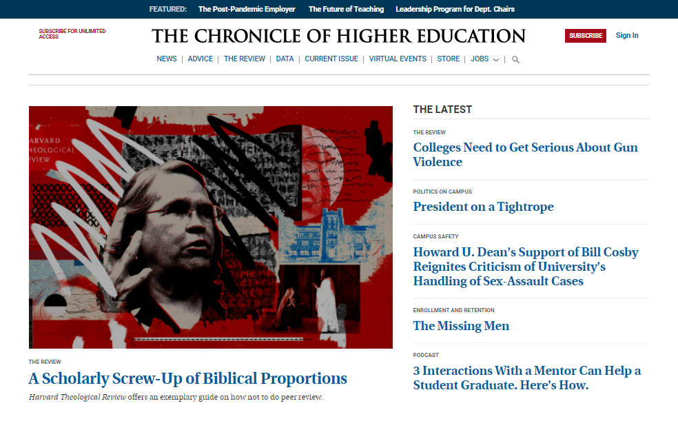 The Chronicle of Higher Education website homepage.