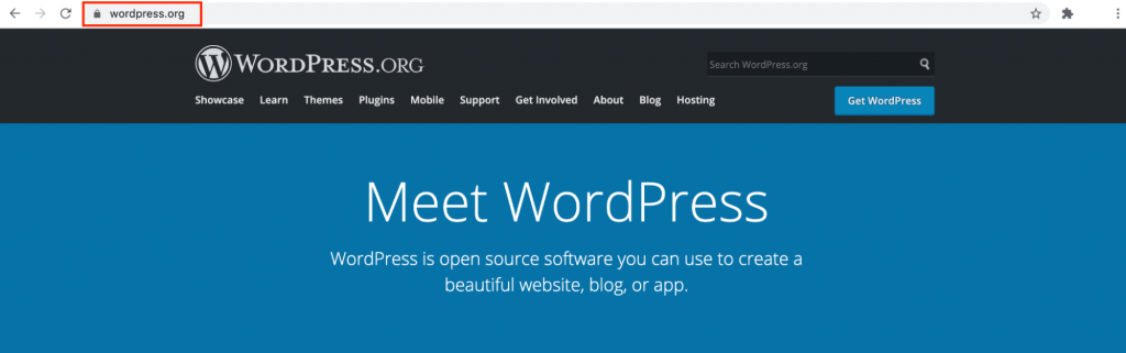 WordPress's homepage, highlighting its domain: wordpress.org