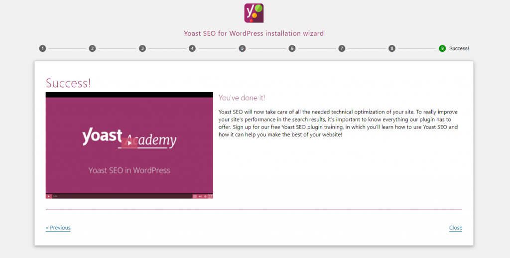 Yoast SEO installation completed