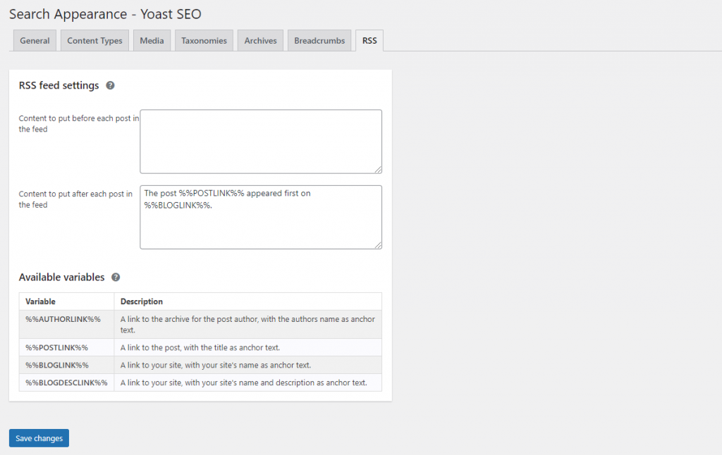 RSS feed settings on Yoast SEO