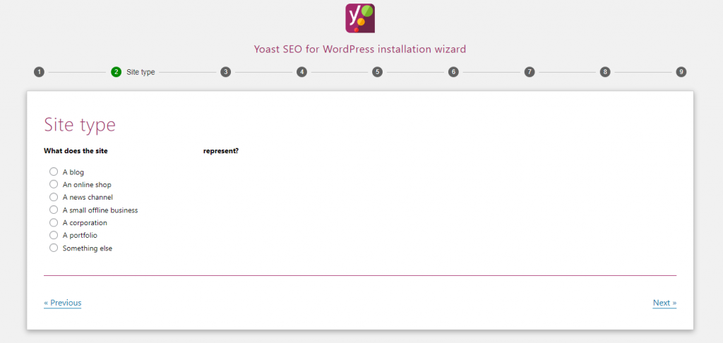 On Yoast's installation wizard, select the site type