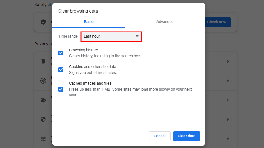 Google Chrome browser's Clear browsing data pop-up window with the time-range drop-down menu highlighted.