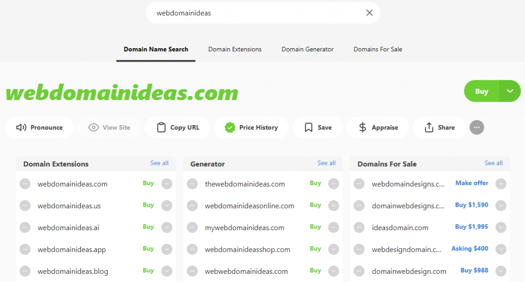 Instant Domain Search result page