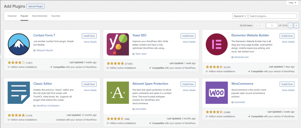 Popular plugins shown on the WordPress dashboard