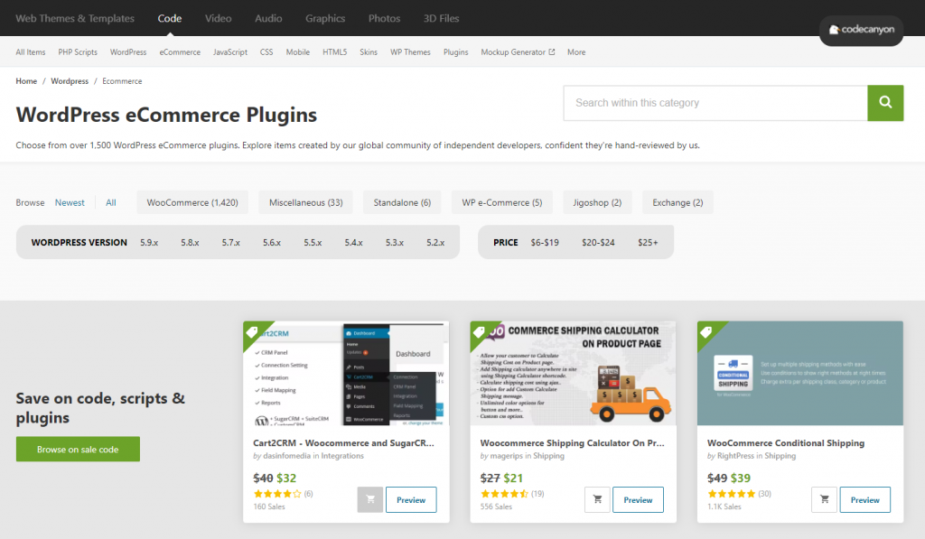 CodeCanyon, a third-party marketplace for WordPress plugins