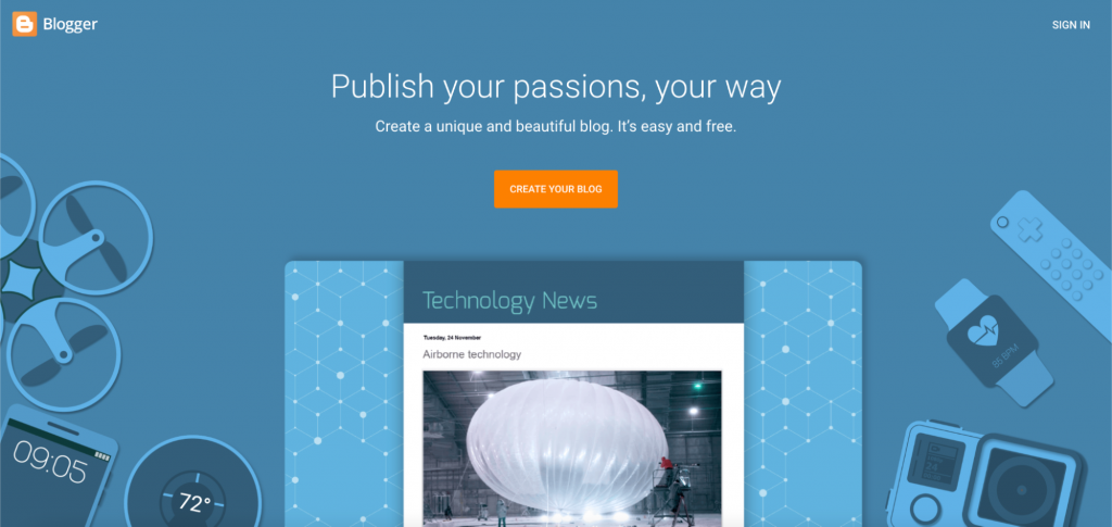 Blogger's landing page.