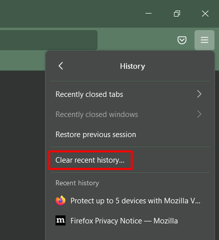 The "Clear recent history" option under "History" in Mozilla's menu bar