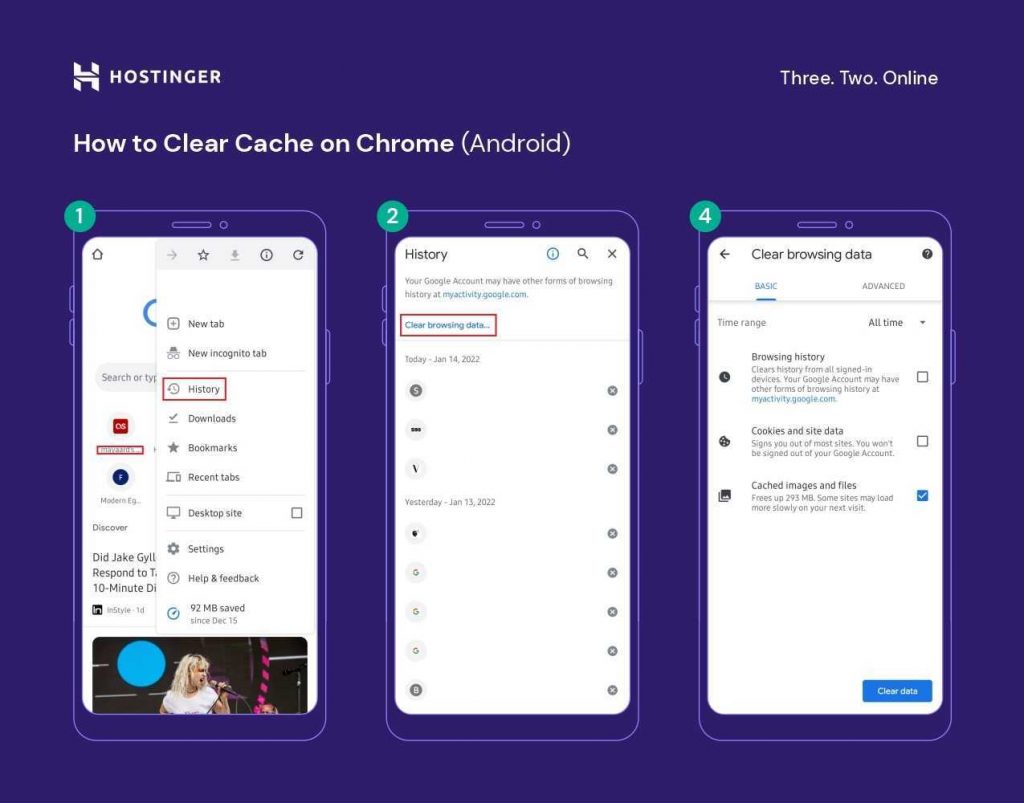 A compilation of screenshots for the step 1, 2, and 4 for how to clear cache on Chrome (Android)