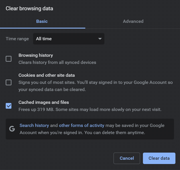 Clear browsing data basic settings in Chrome