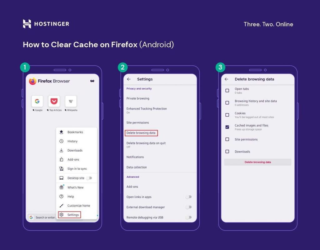 A compilation of screenshots for step 1, 2, and 3 for how to clear cache on Firefox (Android)